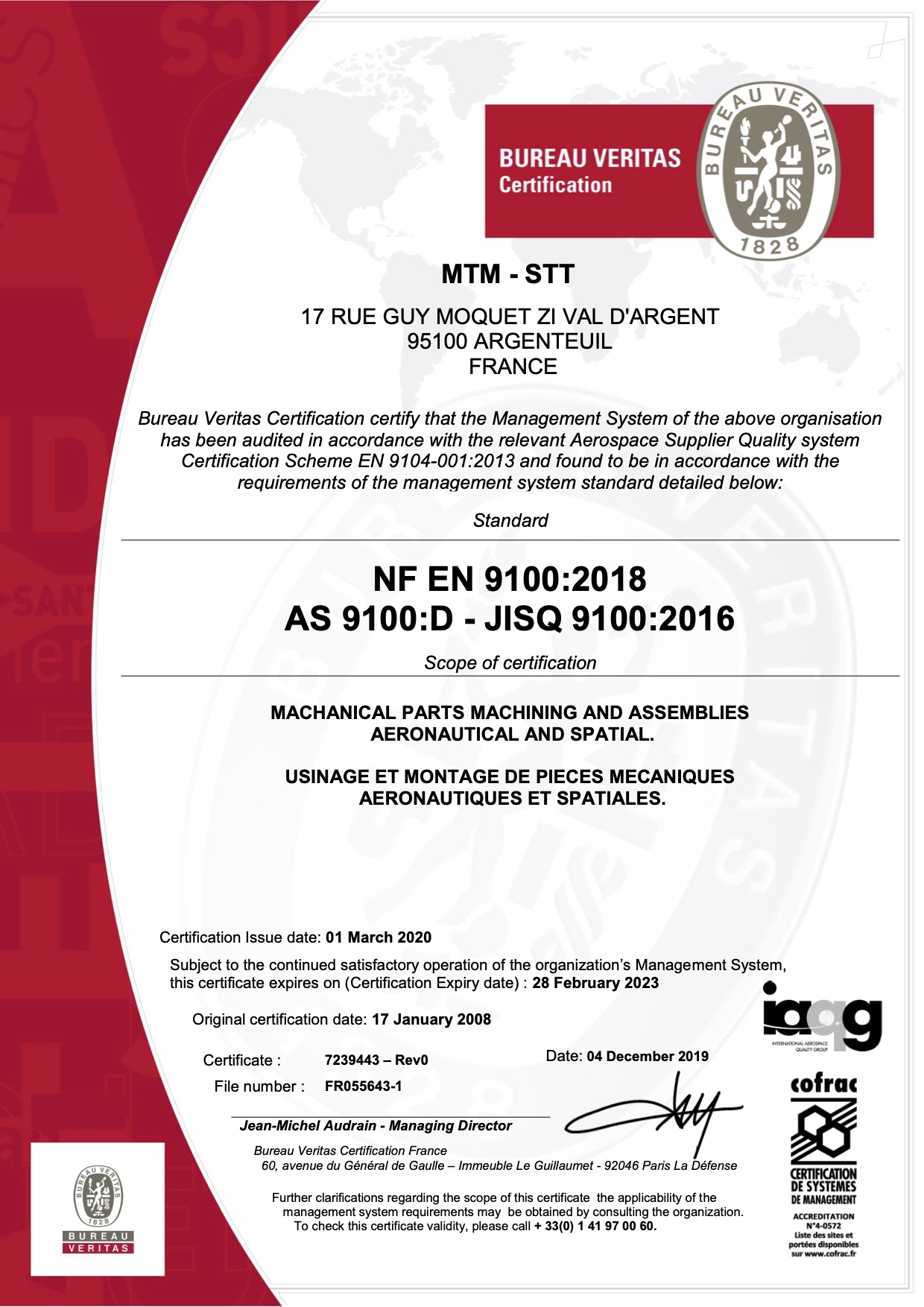 Certificat EN 9100 - MTM STT