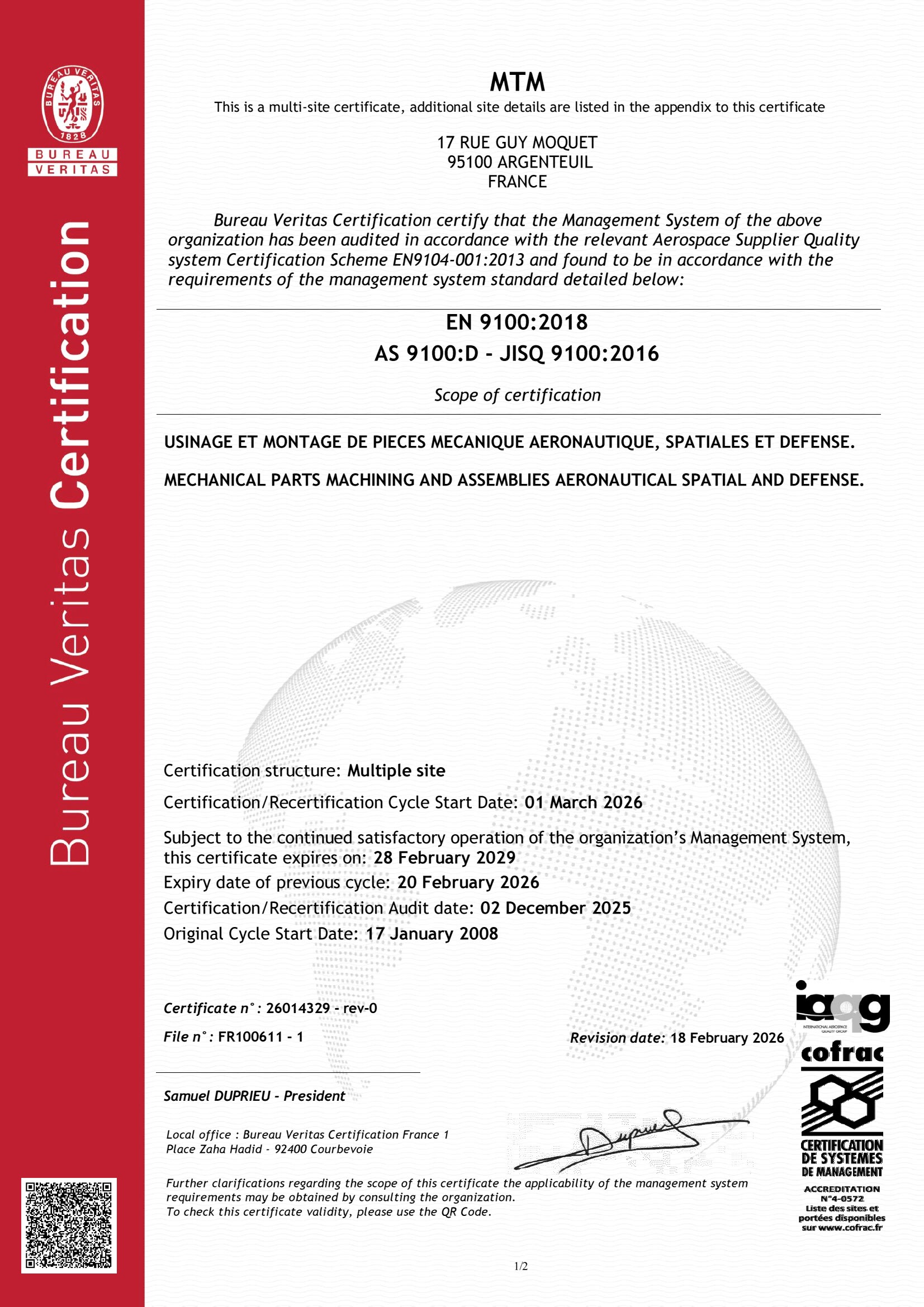 Certificat Bureau Veritas EN9100 et ISO 9001 de MTM-STT